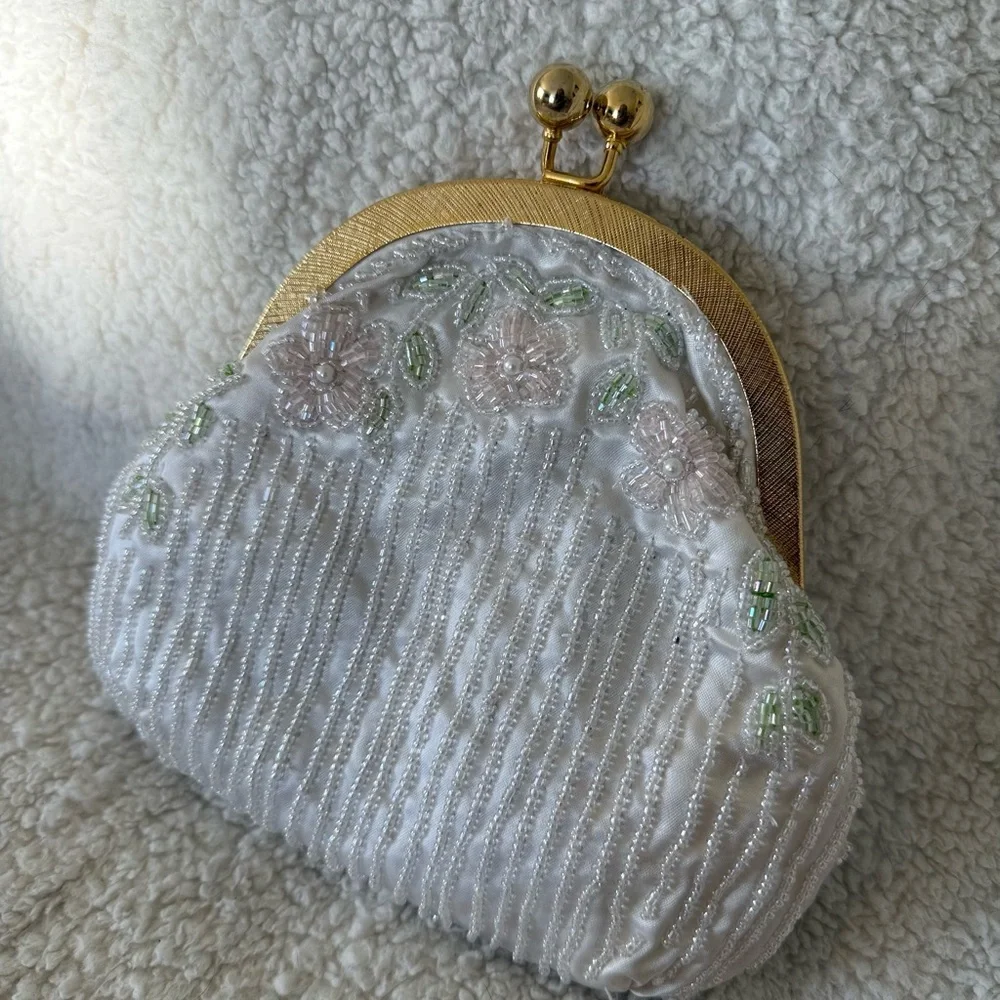 Vintage Château beaded white clutch bridal wedding bride floral gold